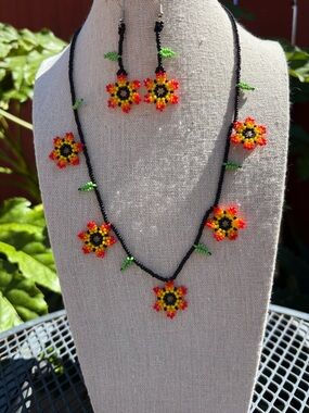 Artisan Black Beaded Sunflower Necklace & Earrings — Red Orange Yellow